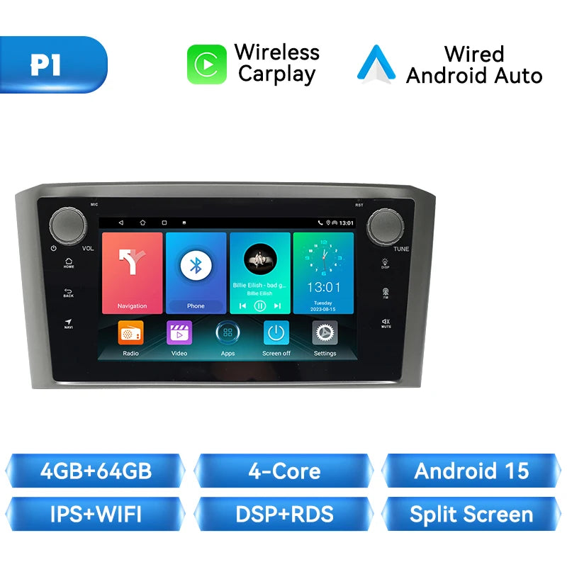 Android 15 Wireles Carplay Car Radio Player for Toyota Avensis T25 2002-2008 Android AUTO Stereo Bluetooth Multimedia 2 DIN DSP